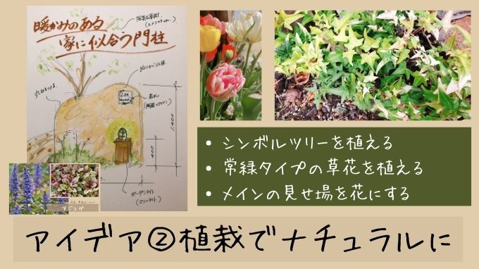 枕木の代わりになる門柱アイデア②植栽でナチュラルに