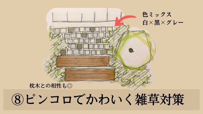 玄関アプローチ×ガーデニングのデザインアイデア⑧ピンコロでかわいく雑草対策