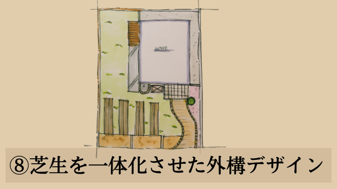 天然芝のデザインアイデア⑧芝生を一体化させた外構デザイン