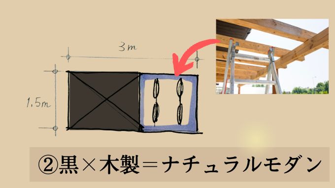 物置自転車置き場一体型のおしゃれなデザインアイデア②黒×木製＝ナチュラルモダン