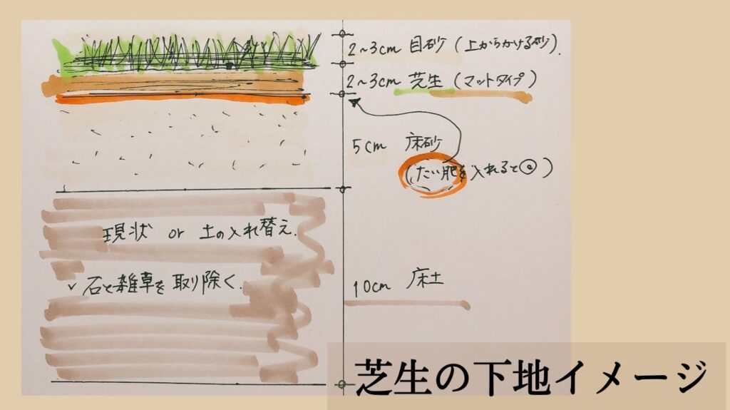 【図解】芝生の下地づくりイメージ図（断面図）